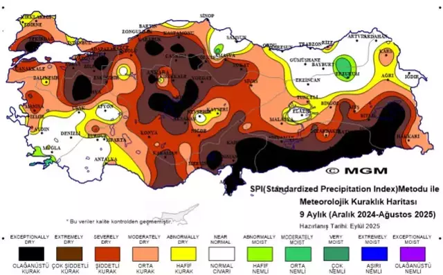 Meteoroloji Genel Müdürlüğü'nün son 12 aylık kuraklık haritasına göre; Türkiye'nin