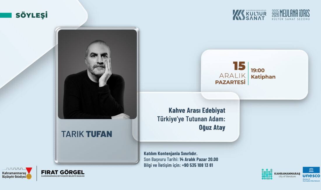 Büyükşehir Belediyesi, 15 Aralık Pazartesi günü yazar Tarık Tufan’ın katılımıyla“Türkiye’ye